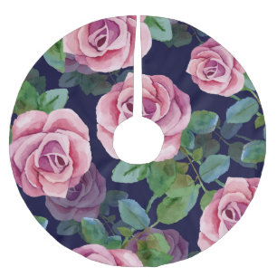 Jupon De Sapin En Polyester Brossé Bleu foncé, Roses Roses Rose Aquarelle.