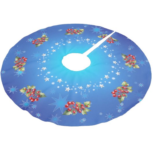 Jupon De Sapin En Polyester Brossé Bleu Icy Baies rouges & Etoiles Noël (Angle)