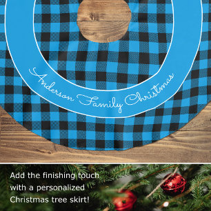 Jupon De Sapin En Polyester Brossé Blue Buffalo Plaid Nom de famille Noël rustique