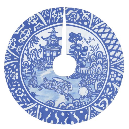 Jupon De Sapin En Polyester Brossé Blue Willow Oriental Rabbit Whimsical Blue & White (Devant)