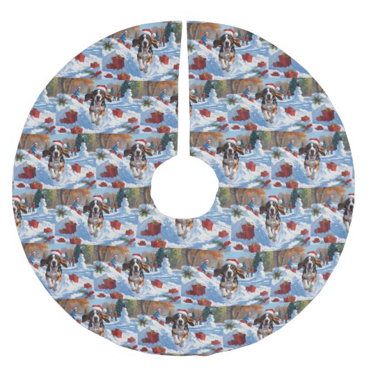 Jupon De Sapin En Polyester Brossé Bluetick Coonhound Courir dans la neige avec Noël (Devant)