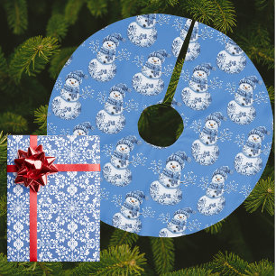 Jupon De Sapin En Polyester Brossé Bonhomme de neige bleu blanc