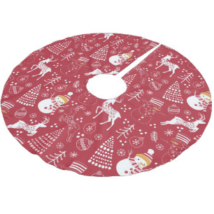 Jupon De Sapin En Polyester Brossé Bonhomme de neige, sapin de Noël et cerf, rouge d'