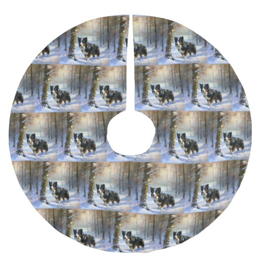 Jupon De Sapin En Polyester Brossé Bordure Collie Laisser neiger Noël (Devant)