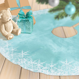 Jupon De Sapin En Polyester Brossé Bordure des flocons de neige sur aquarelle Turquoi