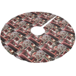 Jupon De Sapin En Polyester Brossé Bouledogue français de Noël sur une chaise rouge