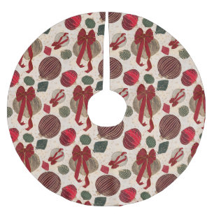 Jupon De Sapin En Polyester Brossé Boules de Noël grasses & Rubans Rouges sur Crème