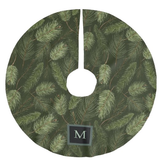 Jupon De Sapin En Polyester Brossé Branches de Noël élégantes en noir avec Monogramme (Devant)