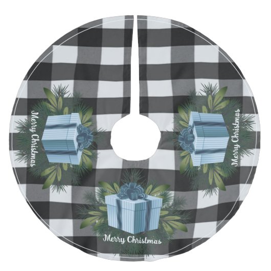 Jupon De Sapin En Polyester Brossé Cadeau de Noël Plaid Buffalo | Bleu (Devant)