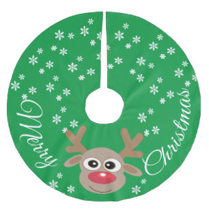 Jupon De Sapin En Polyester Brossé Caricature de rennes Noël Vert Blanc Snowflakes