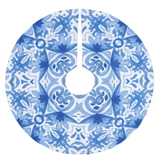 Jupon De Sapin En Polyester Brossé Carrelage blanc bleu, motif aquarelle sans couture (Devant)