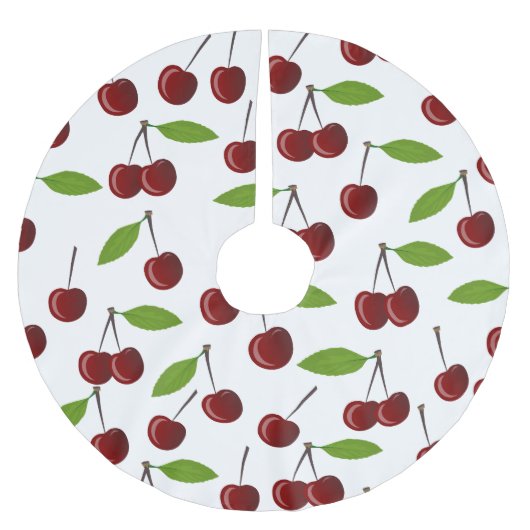 Jupon De Sapin En Polyester Brossé Cerise Rouge, Motif De Cerises, Feuilles, Fruits (Devant)
