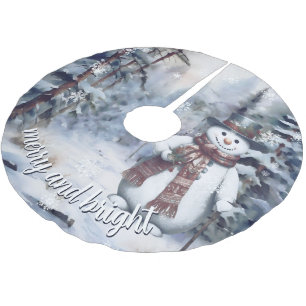 Jupon De Sapin En Polyester Brossé Charmant Snowman Aquarelle Forêt d'hiver