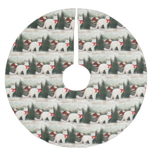 Jupon De Sapin En Polyester Brossé Chat angora turc à Noël sous la neige