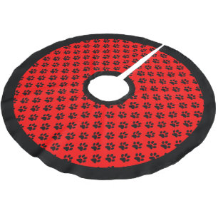 Jupon De Sapin En Polyester Brossé Chat Chien Patte Noir Rouge Noël Bordures Noires
