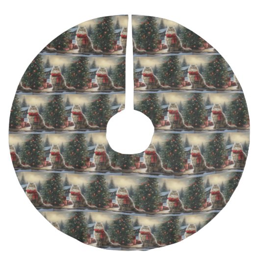 Jupon De Sapin En Polyester Brossé Chat de Sibérie en Noël de Neige (Devant)
