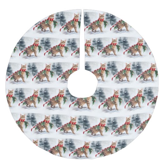 Jupon De Sapin En Polyester Brossé Chat du Bengale à Noël de neige (Devant)