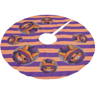 Jupon De Sapin En Polyester Brossé Chat orange avec sorcière violette Casquette Strip