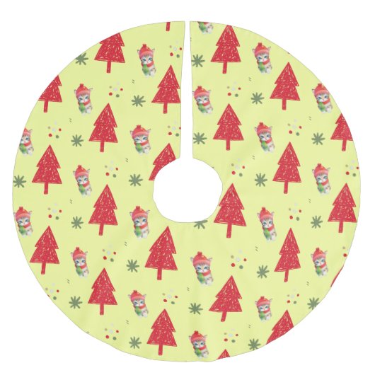 Jupon De Sapin En Polyester Brossé Chat rouge Père Noël Xmas arbre motif transparent (Devant)