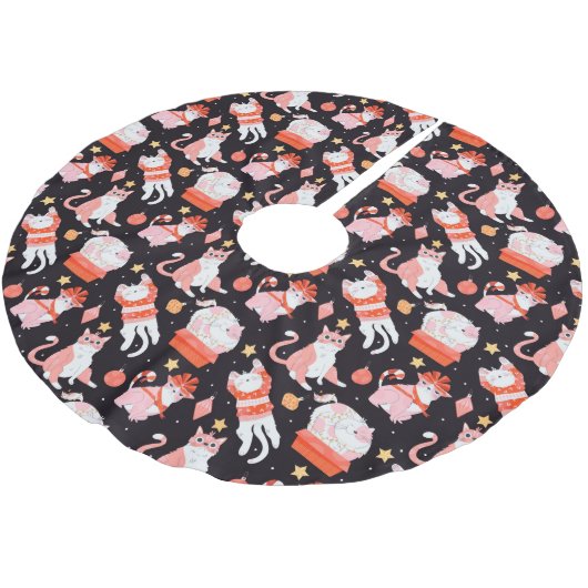 Jupon De Sapin En Polyester Brossé Chats de Noël mignons (Angle)