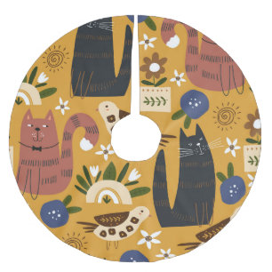 Jupon De Sapin En Polyester Brossé Chats vintages et oiseaux, Main Tirée.