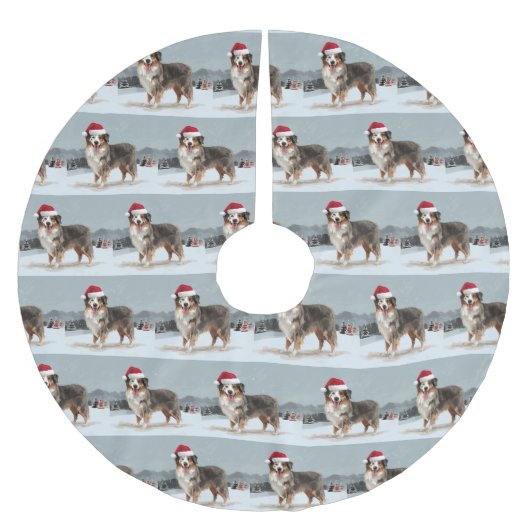 Jupon De Sapin En Polyester Brossé Chien berger australien en Noël de neige (Devant)