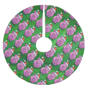 Jupon De Sapin En Polyester Brossé Cochon de vacances à Santa Hat Motif sur Vert