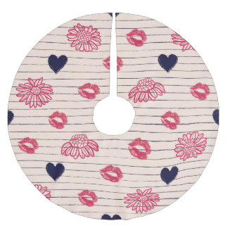 Jupon De Sapin En Polyester Brossé Coeurs rouges, lèvres, marguerites motif.