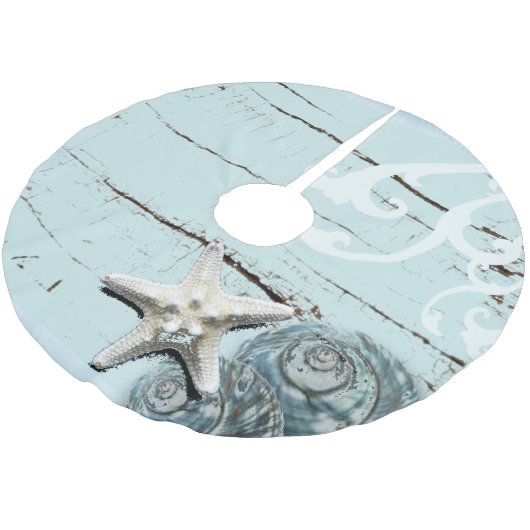 Jupon De Sapin En Polyester Brossé Côté aqua bleu plage bois étoile coquillage (Angle)