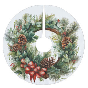 Jupon De Sapin En Polyester Brossé Courbe de Noël Rouge Ribbon Pine Cônes vert