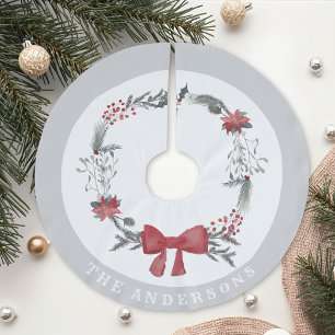 Jupon De Sapin En Polyester Brossé Couronne rouge rustique personnalisée avec nom de