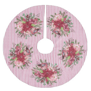 Jupon De Sapin En Polyester Brossé Cranberry Floral Ticking Stripe Poinsettia Floral