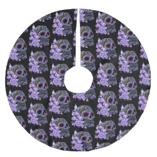 Jupon De Sapin En Polyester Brossé Crâne de sucre noir floral violet Jour des morts