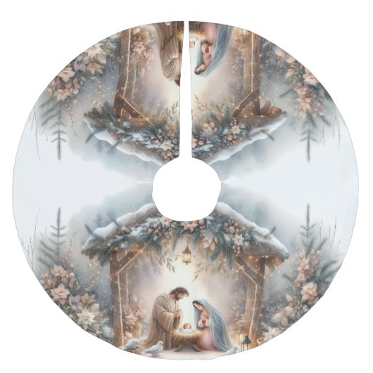 Jupon De Sapin En Polyester Brossé Crèche rustique avec fleurs d'hiver (Devant)