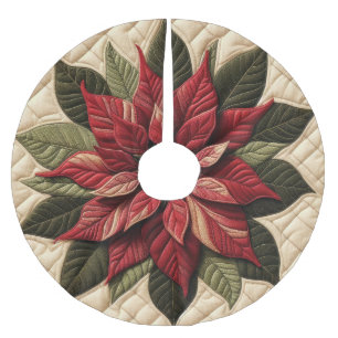 Jupon De Sapin En Polyester Brossé Crème Poinsettia Motif dorée