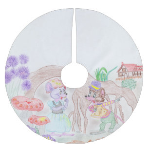 Jupon De Sapin En Polyester Brossé Custom Kids Artwork, deux mignonnes souris, fleurs