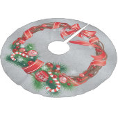 Jupon De Sapin En Polyester Brossé Damas d'argent avec couronne de Noël (Angle)