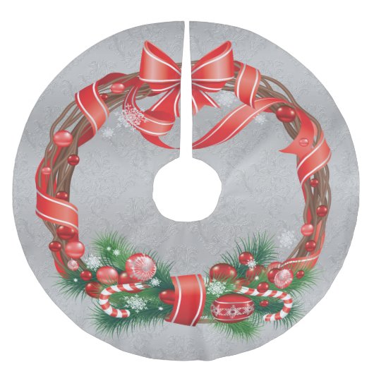 Jupon De Sapin En Polyester Brossé Damas d'argent avec couronne de Noël (Devant)