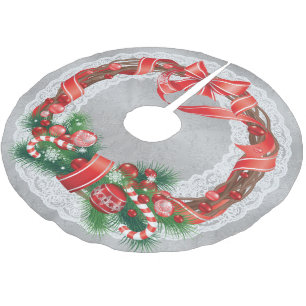 Jupon De Sapin En Polyester Brossé Damas d'argent et dentelle avec couronne de Noël