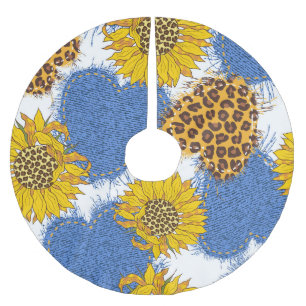 Jupon De Sapin En Polyester Brossé Denim Hearts Leopard Sunflowers Motif
