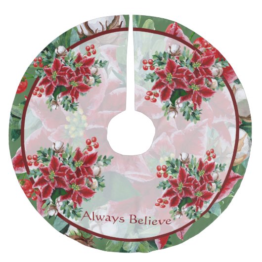 Jupon De Sapin En Polyester Brossé Des poinsettias brillantes et Noël saint (Devant)