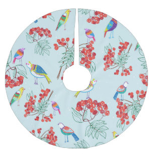 Jupon De Sapin En Polyester Brossé Design motif d'oiseaux et de baies.