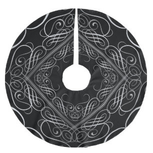 Jupon De Sapin En Polyester Brossé Elégant Argent Foil Look Filigree Scrollwork Noir