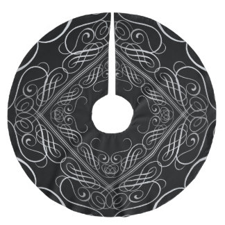 Jupon De Sapin En Polyester Brossé Elégant Argent Foil Look Filigree Scrollwork Noir