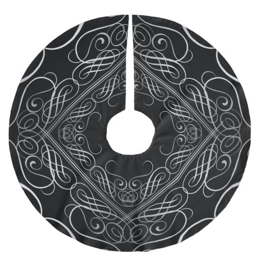 Jupon De Sapin En Polyester Brossé Elégant Argent Foil Look Filigree Scrollwork Noir (Devant)