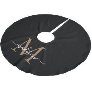 Jupon De Sapin En Polyester Brossé Élégant Black Gold Girly Monogramme Élégant Script