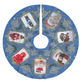 Jupon De Sapin En Polyester Brossé Elegant Gold Trim Famille de Noël Photo Collage
