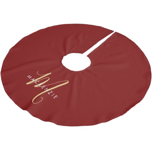 Jupon De Sapin En Polyester Brossé Élégant Monogramme moderne Red Gold Script (Angle)