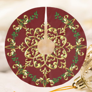 Jupon De Sapin En Polyester Brossé Elégant Noël Rouge Or Festif