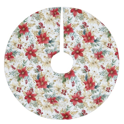 Jupon De Sapin En Polyester Brossé Élégant Noël Rouge Poinsettia (Devant)
